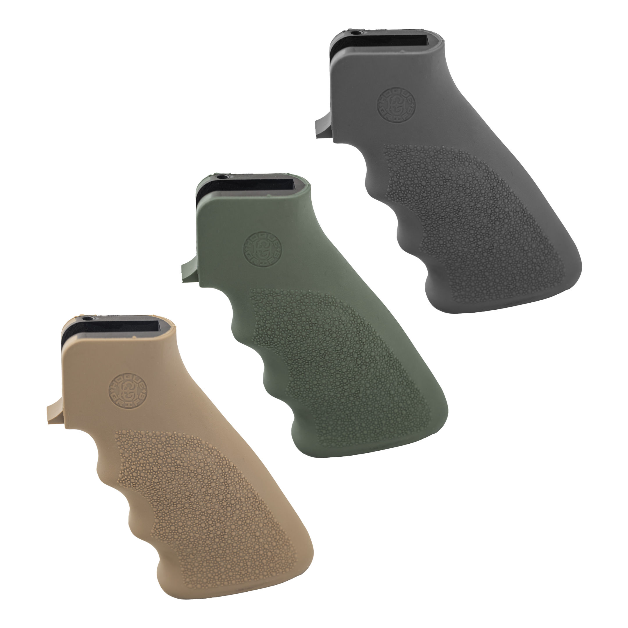 Three pistol grips: tan, green, gray