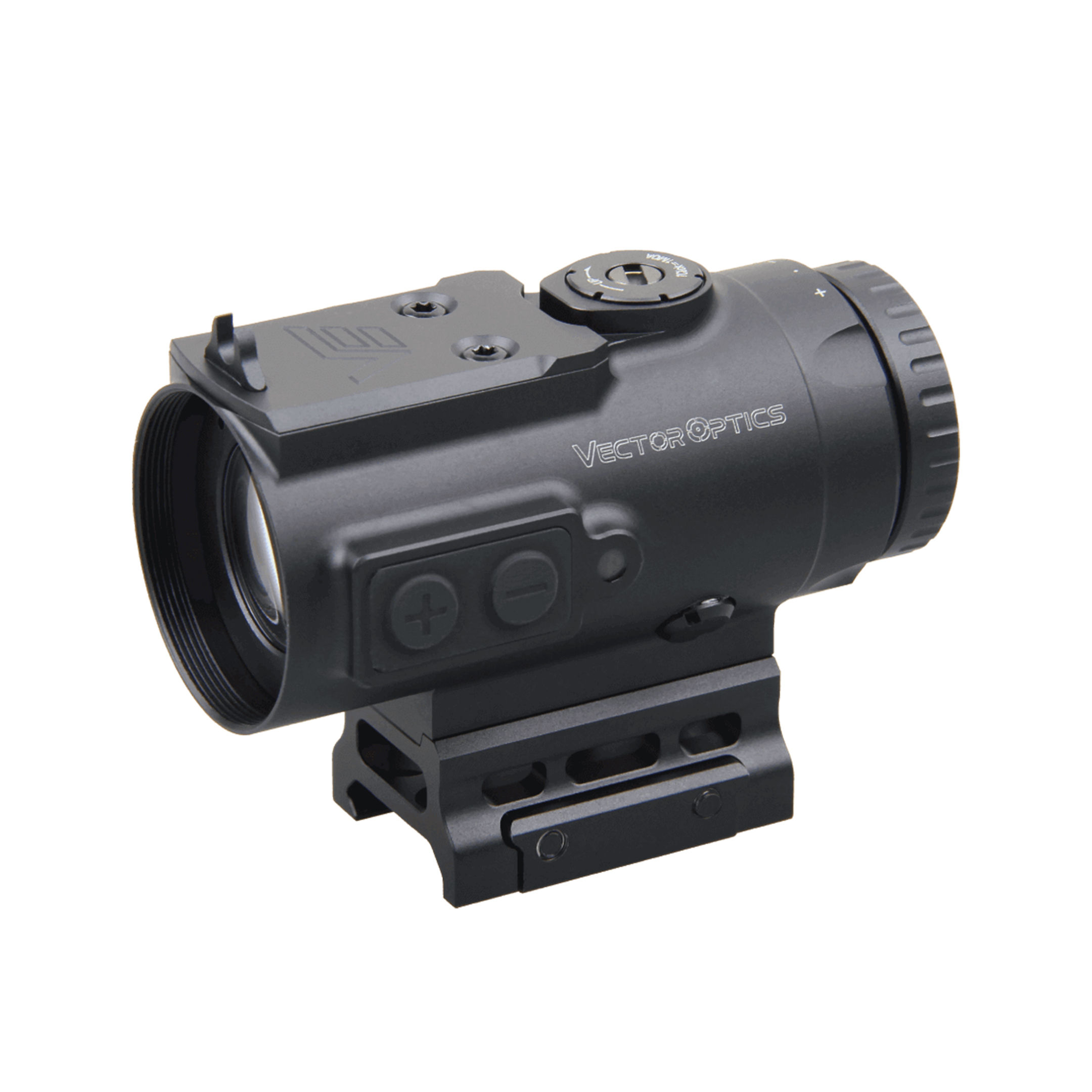Close-up of a black tactical red dot sight