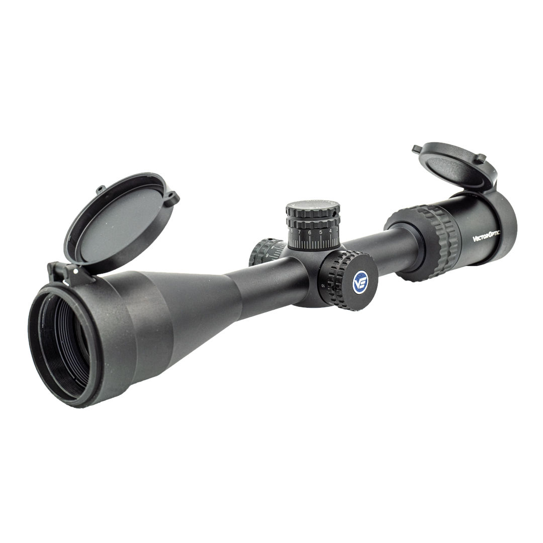 Black tactical rifle scope with lens covers