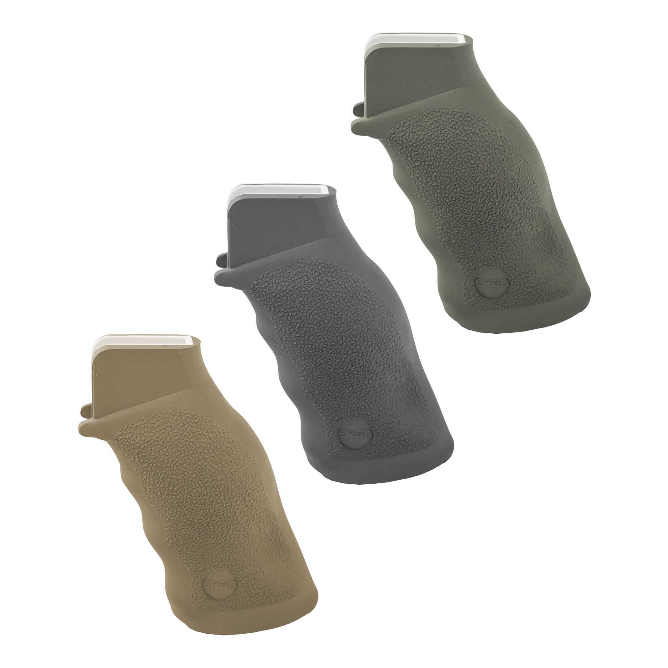 Three pistol grips in tan, gray, and green