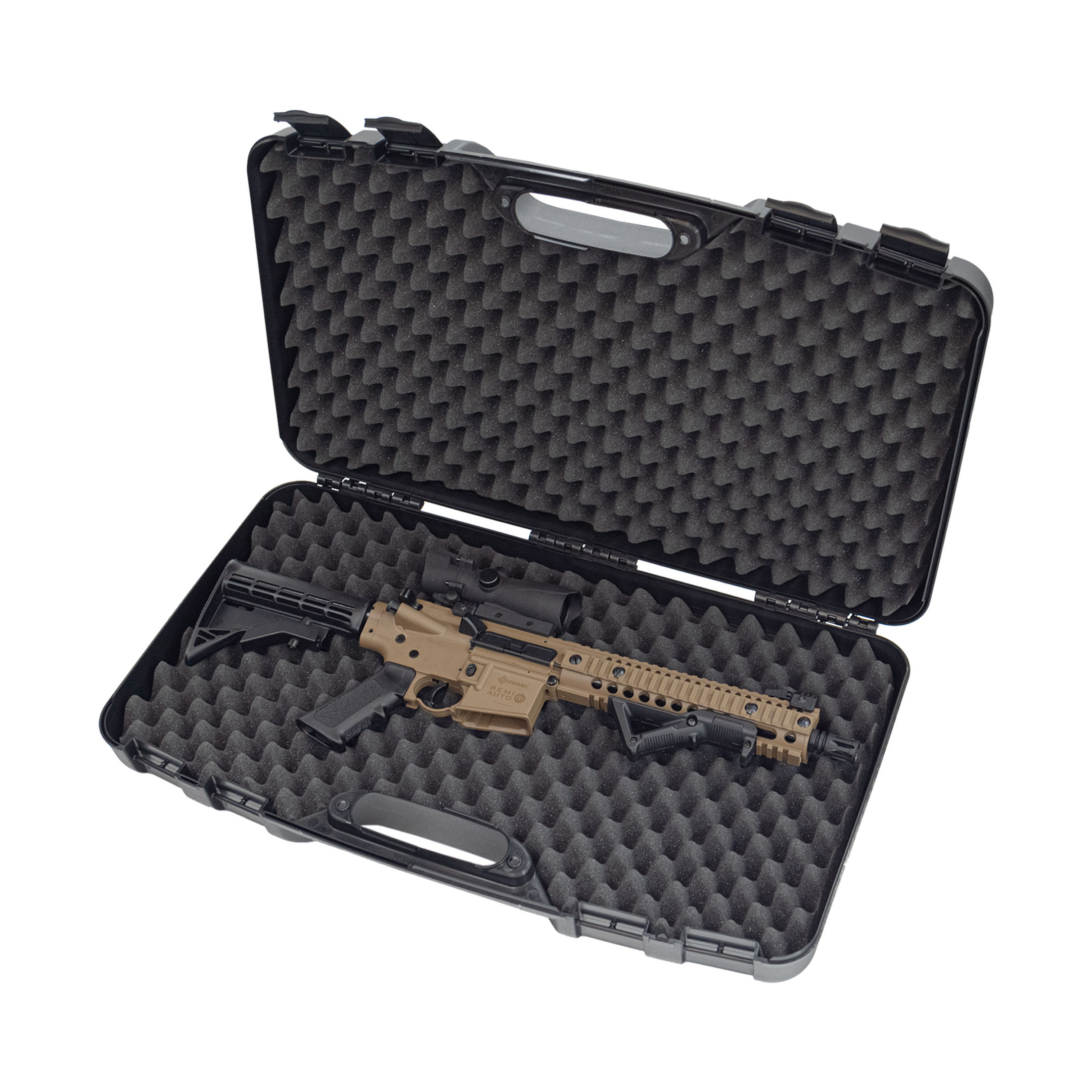 Hard rifle case with tan firearm
