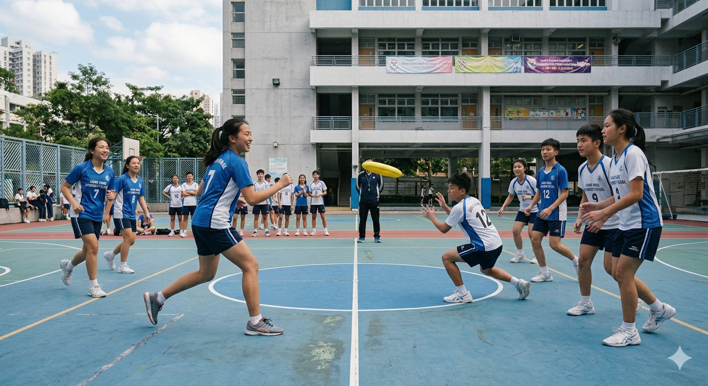 香港中小學到校躲避盤課程【服務宣傳示意圖】:展現學生在戶外操場上投擲安全海綿躲避盤進行飛盤攻防戰與體育課的熱鬧現場 - Sparking Sports
