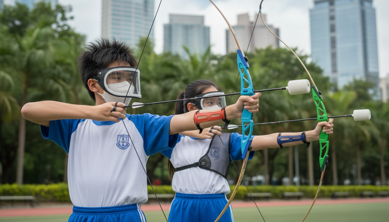 香港中小學到校攻防箭課程【服務宣傳示意圖】:展現青少年戴上防護面罩、手持安全弓箭在校園進行團體歷奇對抗賽的熱鬧現場 - Sparking Sports