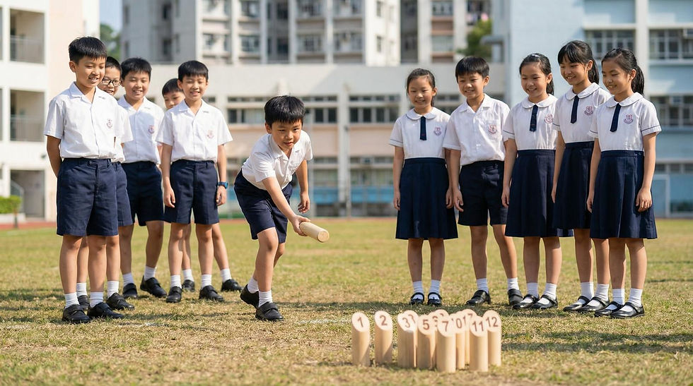 香港中小學到校芬蘭木柱課程【服務宣傳示意圖】:展現學生在草地上投擲木棒擊倒數字木柱、體驗芬蘭木柱興趣班的熱鬧現場 - Sparking Sports
