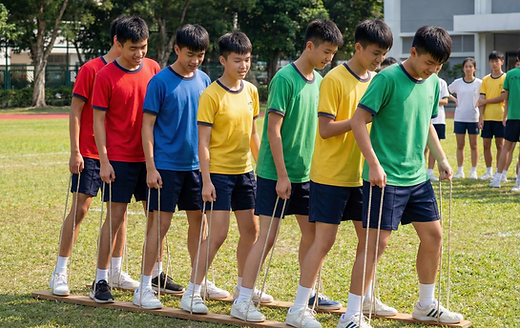 多名中學男女學生在戶外營地協力踩著木製大腳八道具，齊心協力喊口號向前邁步，展現班級團隊凝聚力