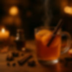 Steaming mug of Spiced Rum Cider with a cinnamon stick and apple slice garnish on a wooden table, surrounded by cloves, star anise, and warm candlelight in a cozy Thanksgiving setting.