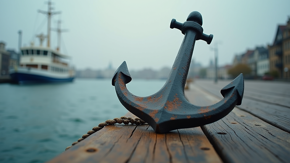 Eye-level view of a sturdy ship anchor resting on a wooden dock