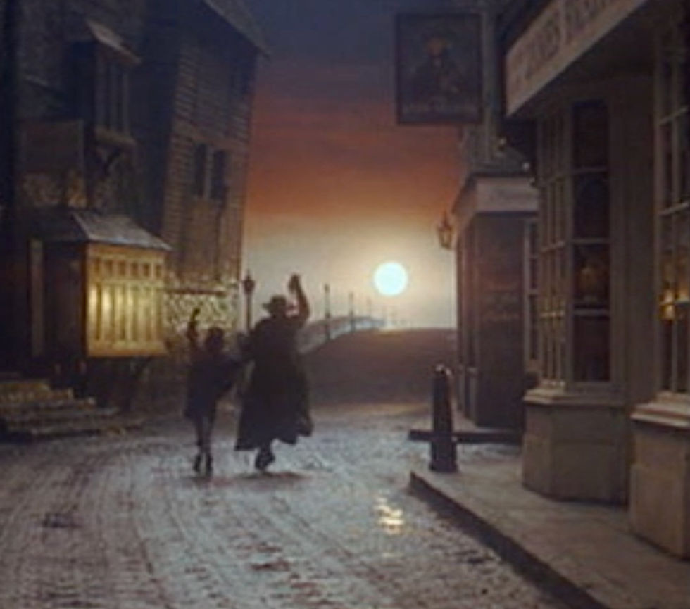 The Artful Dodger and Fagin walk off together into the sunset at the end of the film Oliver!
