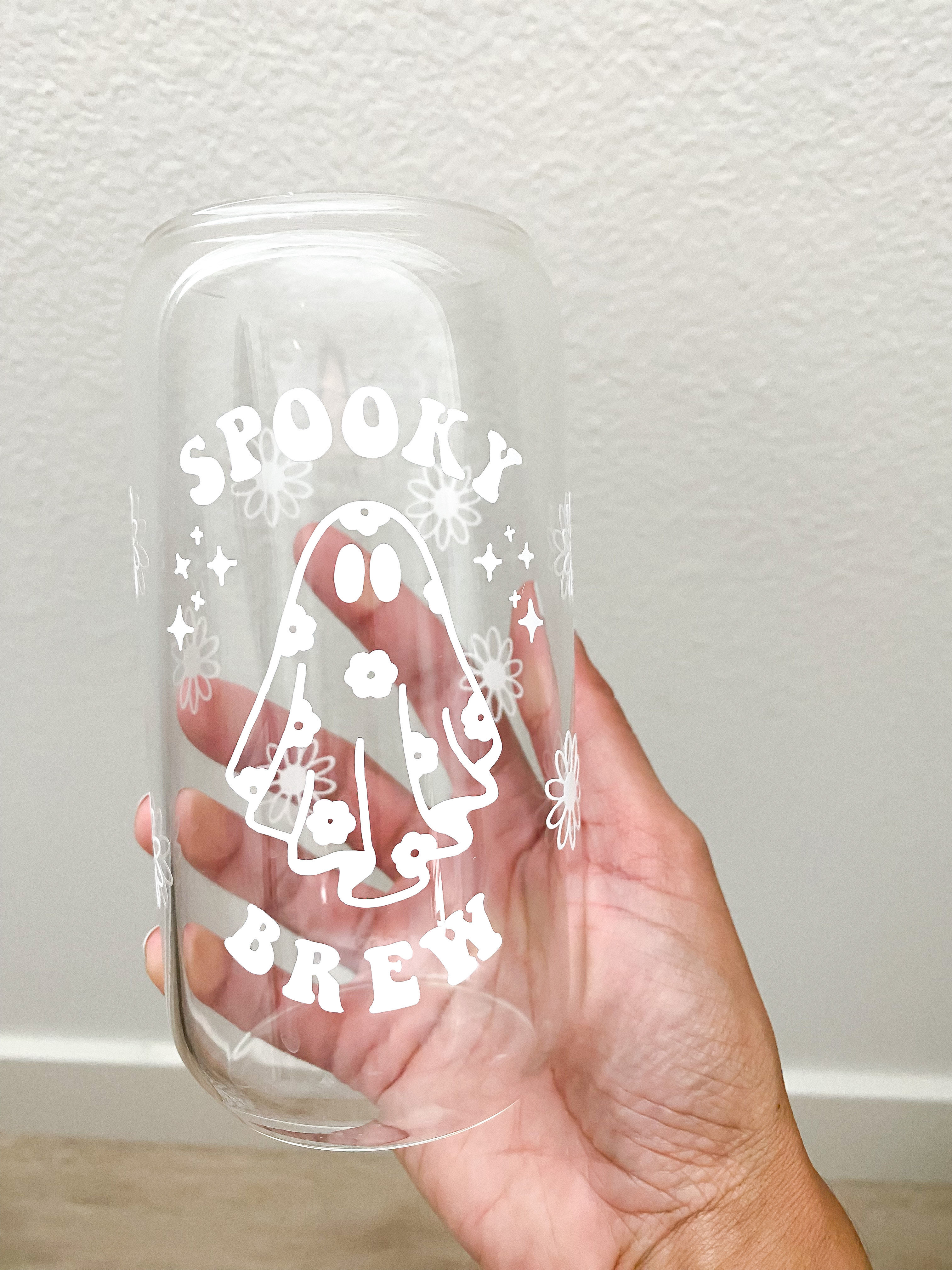 Spooky Brew Halloween Ghost Daisy Iced Coffee Glass Cup 16 oz CUP only