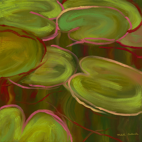 Abstract oil painting of lily pads with the colors green, pink, and red.