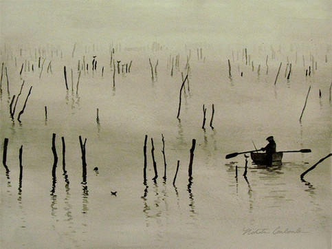 "Fisherman in the Mist" landscape painting by artist Nikita Coulombe. 