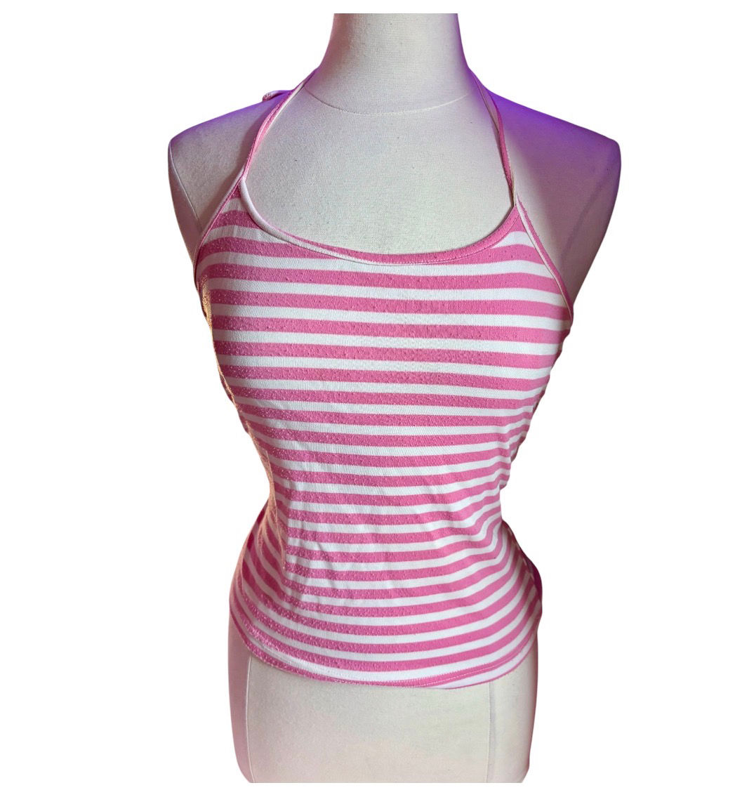 Y2K Pink and White Striped Halter Neck Top