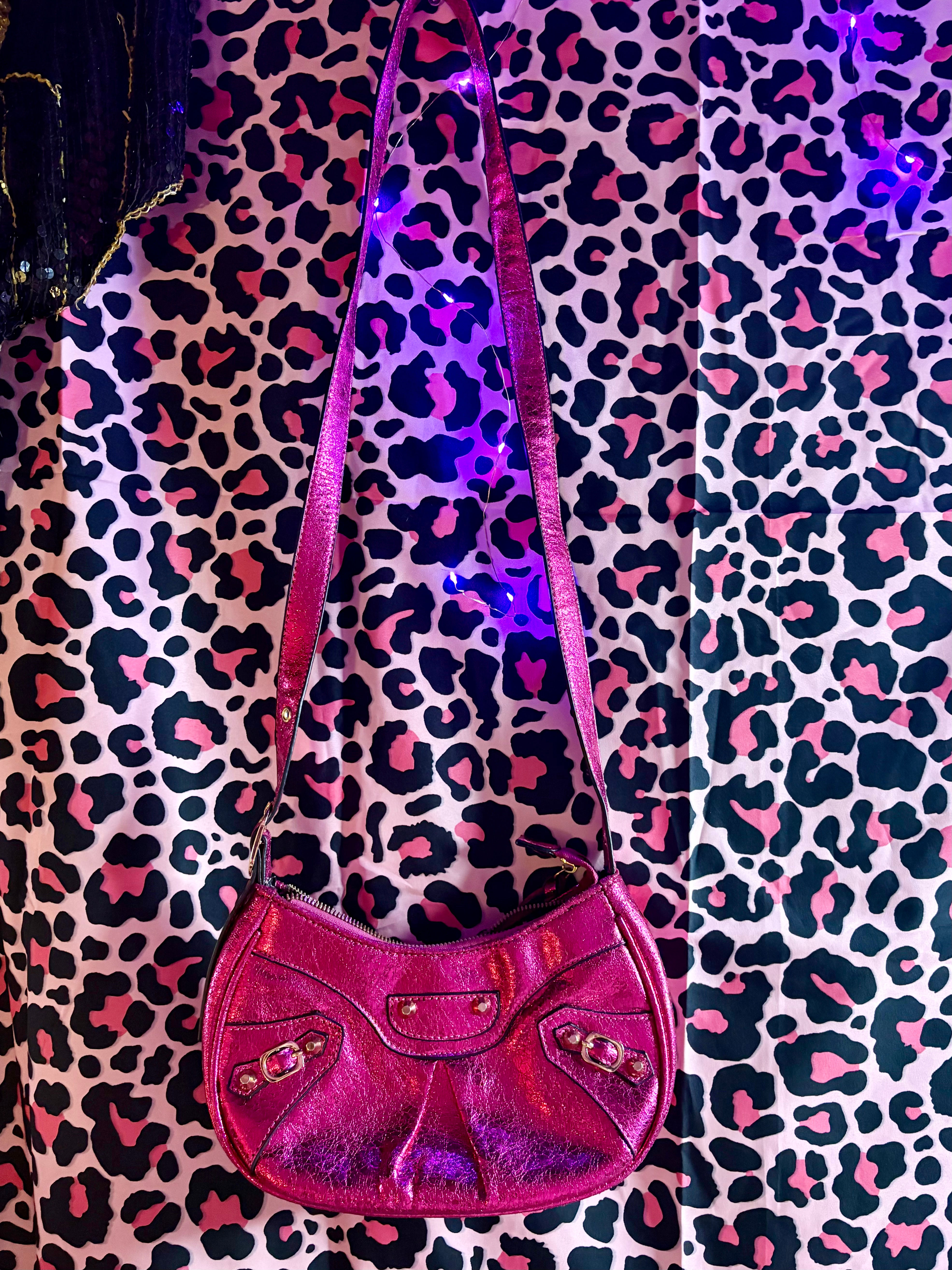 Y2K Hot Pink Metallic Buckle Baguette Shoulder Bag