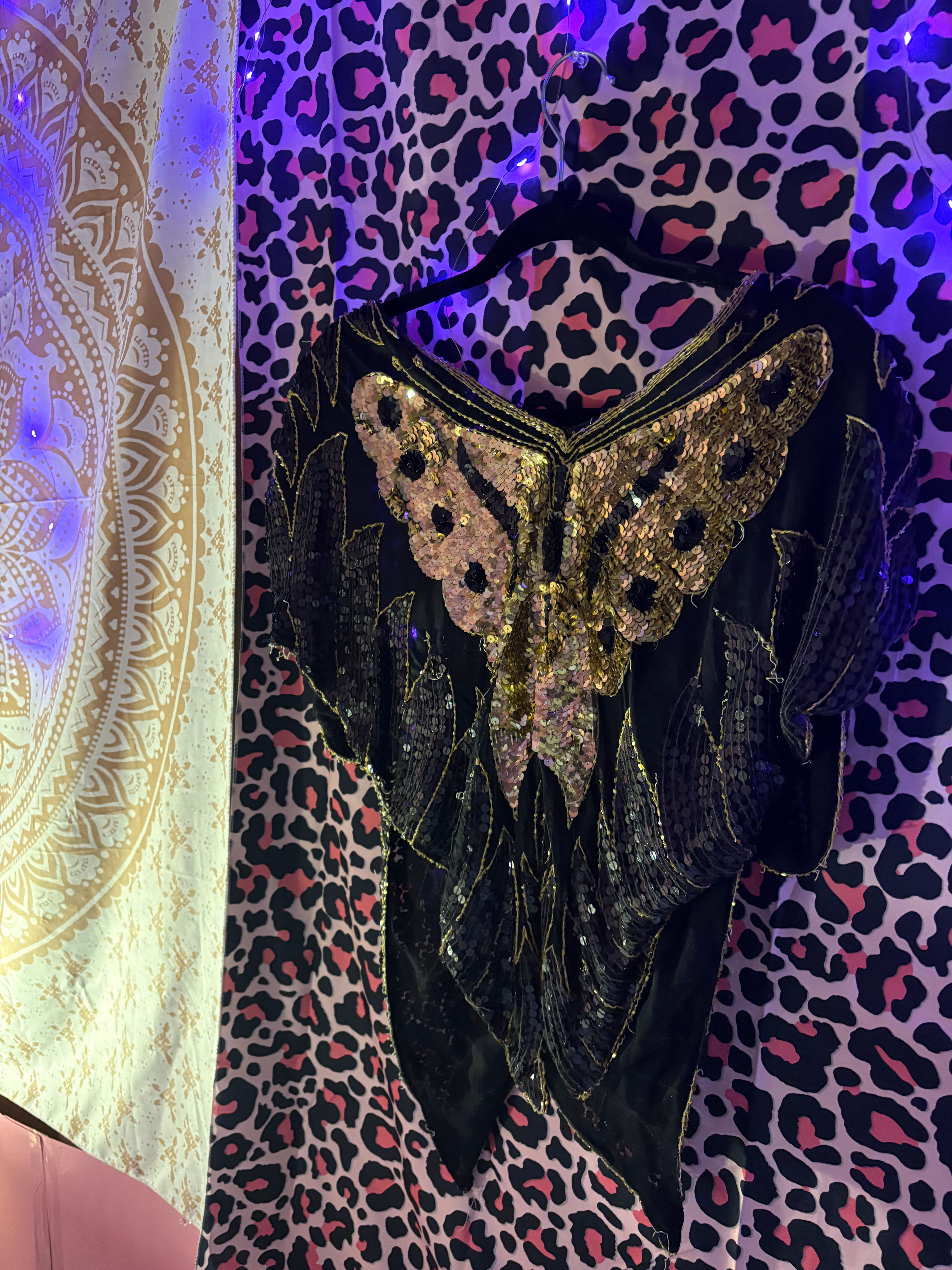 Vintage 80s Black & Gold Sequin Butterfly Top