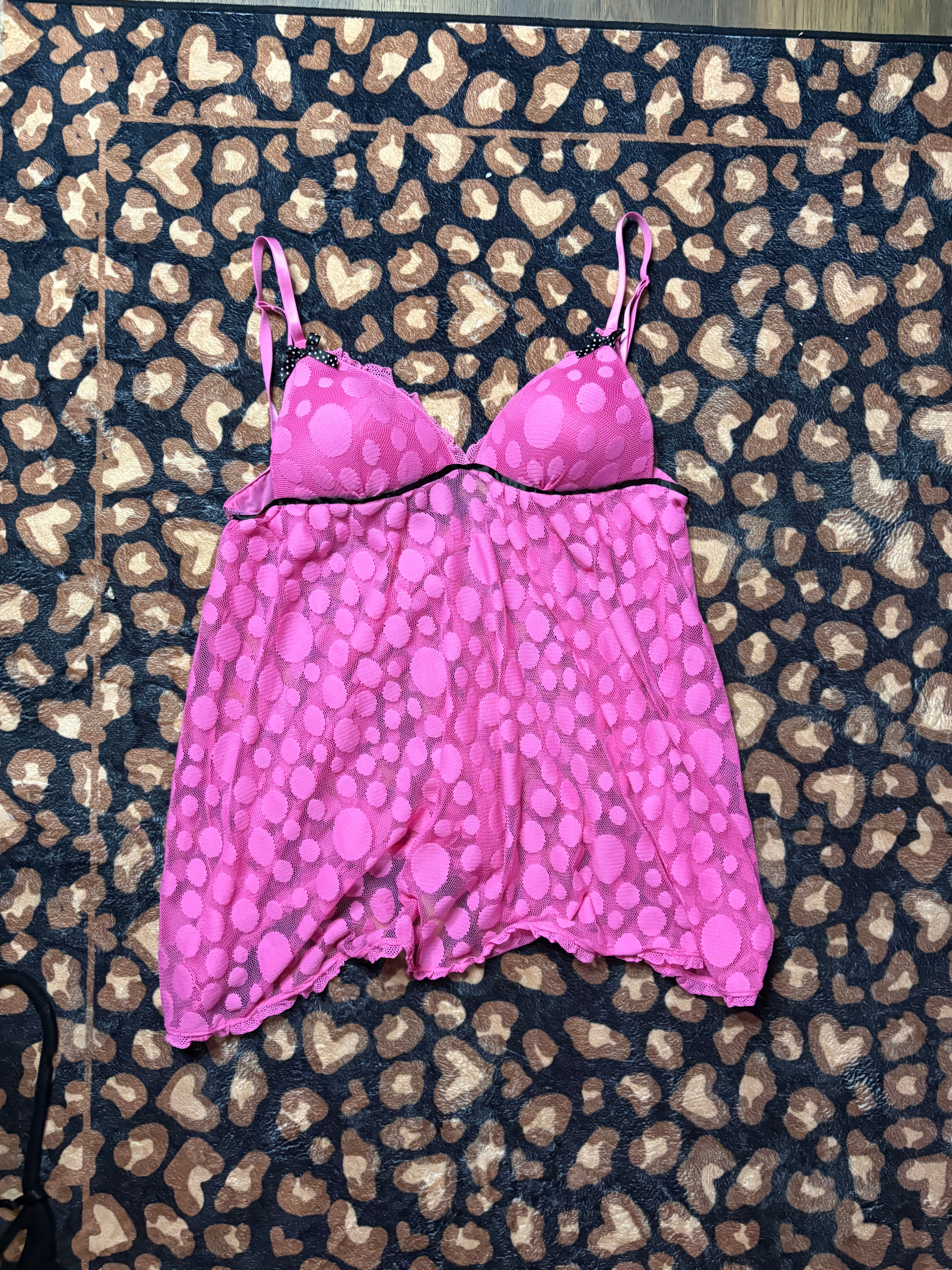 Y2K Pink Polka Dot Babydoll Cami Top – Bow Detail & Sheer Mesh