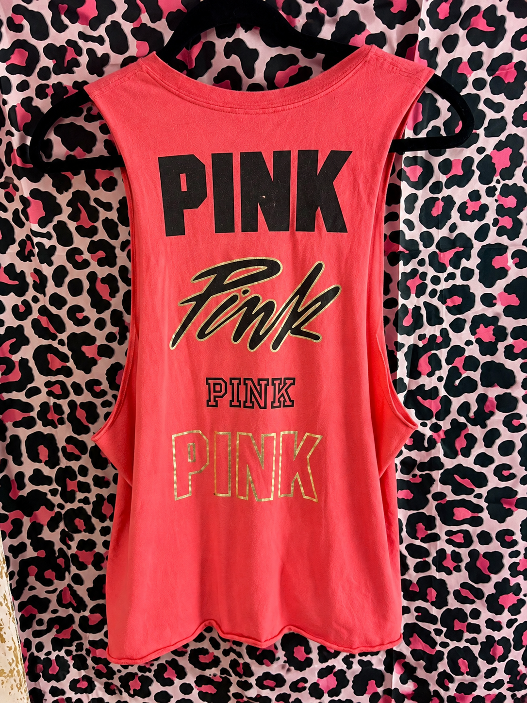 Vintage Y2K Victoria’s Secret PINK Graphic Tank Top – Dark Coral & Gold