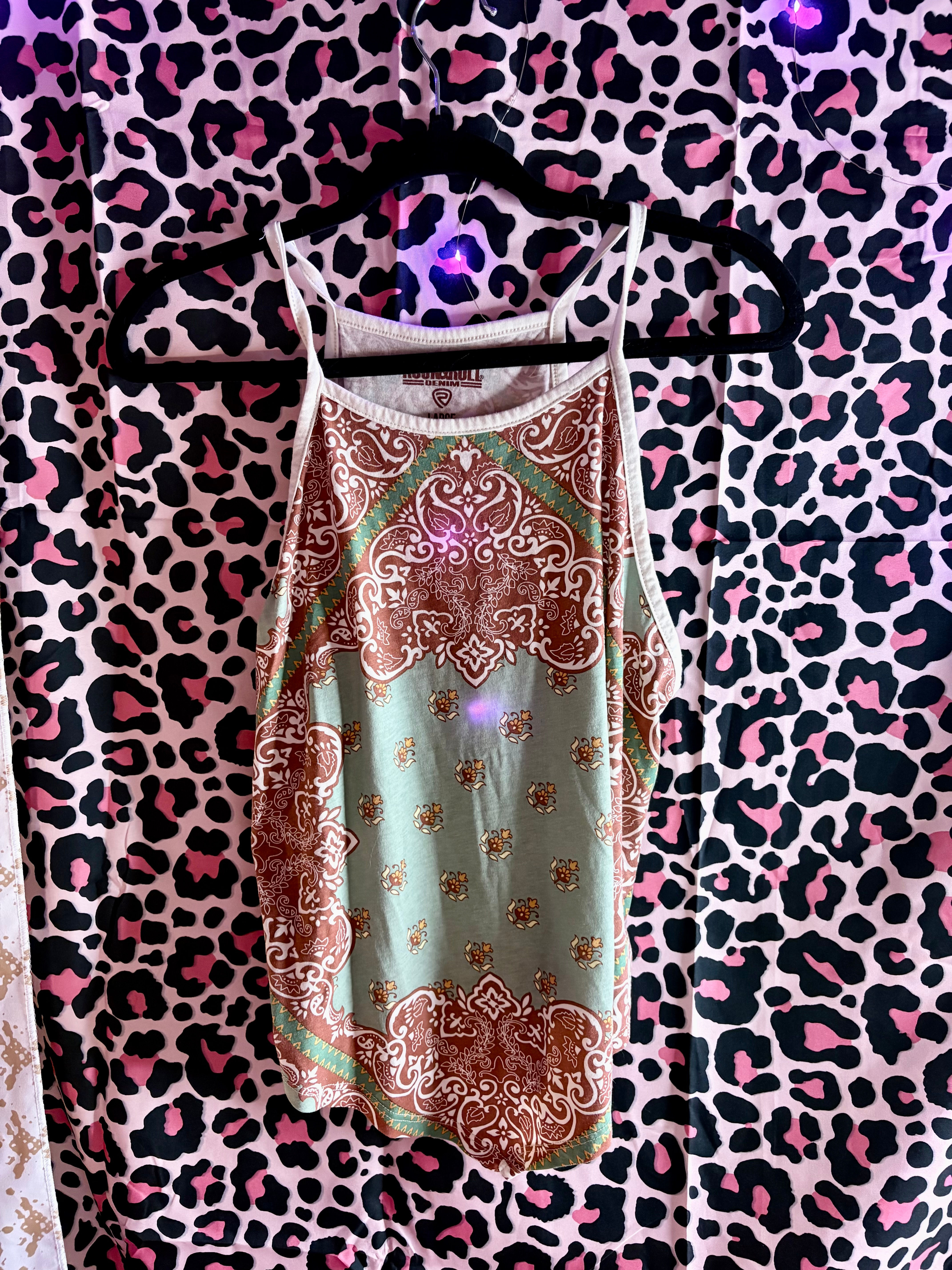 Y2K Brown & Sage Paisley Print Cami Top – Vintage 2000s Bandana Print