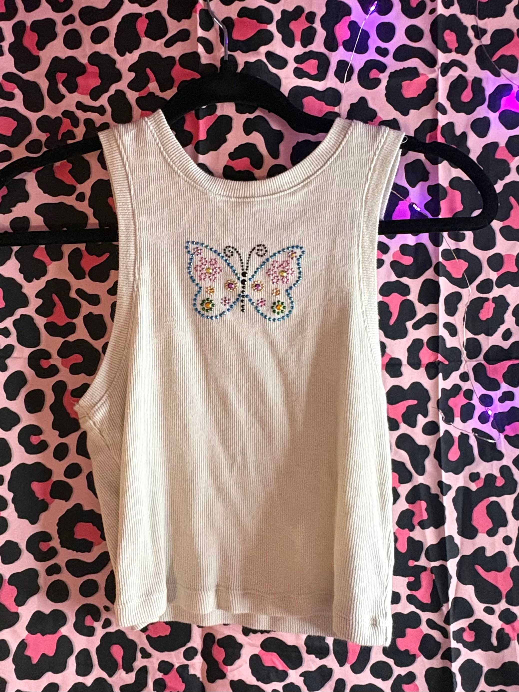 Y2K BASICS – Cream Ribbed Butterfly Rhinestone Tank Top