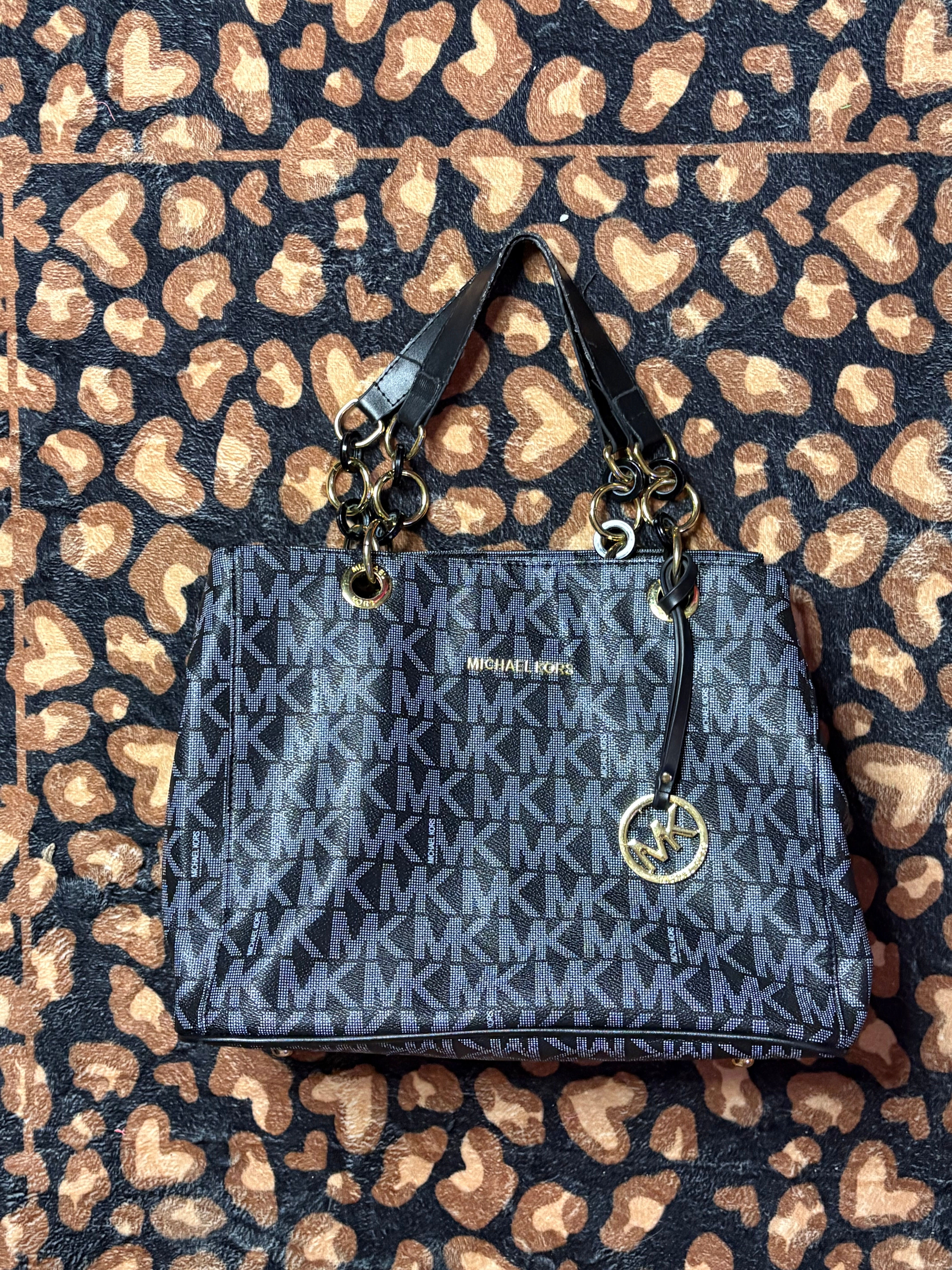 Vintage Michael Kors Black Signature Monogram Tote Bag – Gold Hardware & Chain H