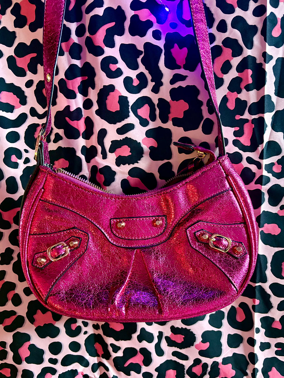 Thumbnail: Y2K Hot Pink Metallic Buckle Baguette Shoulder Bag