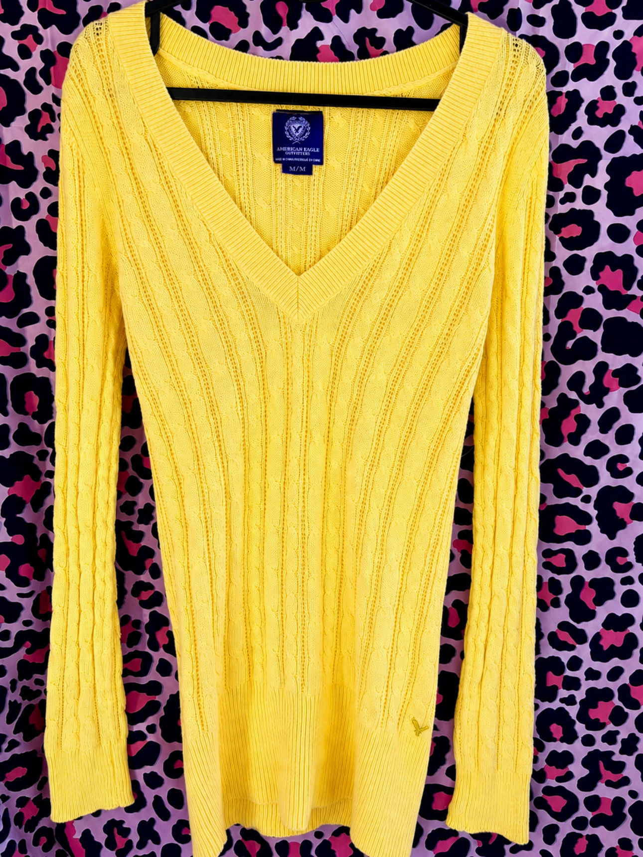 American Eagle Yellow Cable Knit V-Neck Sweater