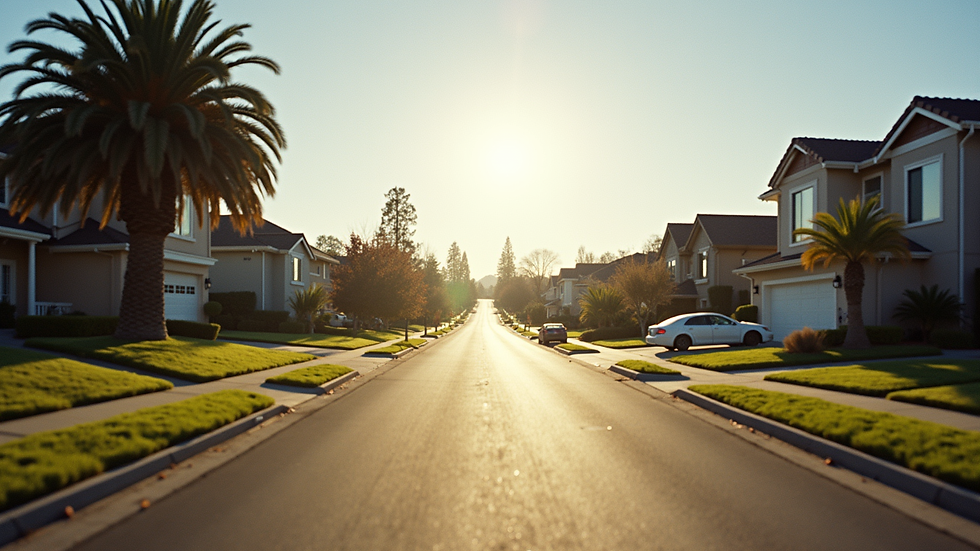 Eye-level view of a suburban California neighborhood with single-family homes