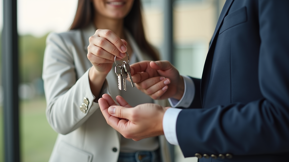 Close-up view of a real estate agent handing house keys to a new homeowner