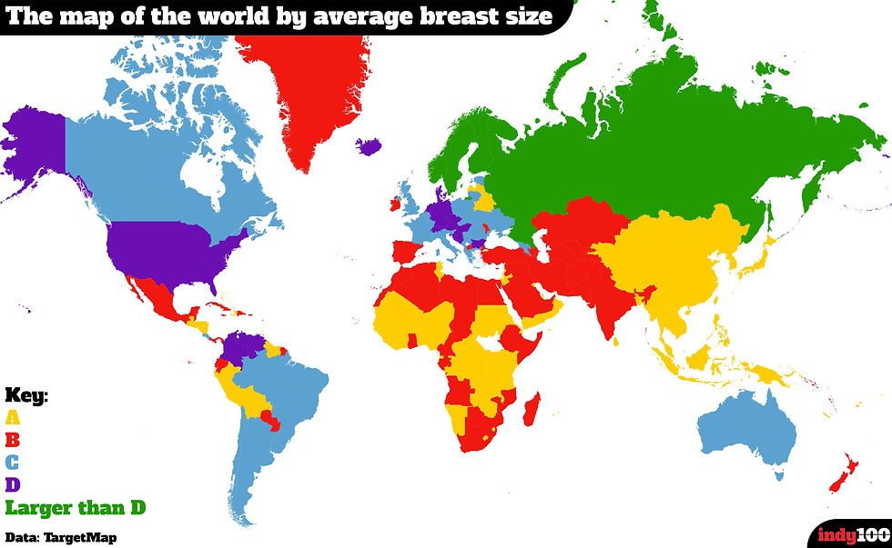 A world map of average breast size. Larger breasts (C, D, and larger than D cups) are found in areas further away from the equator, and smaller breasts (A and B cups) are found in warmer climates near the equator.