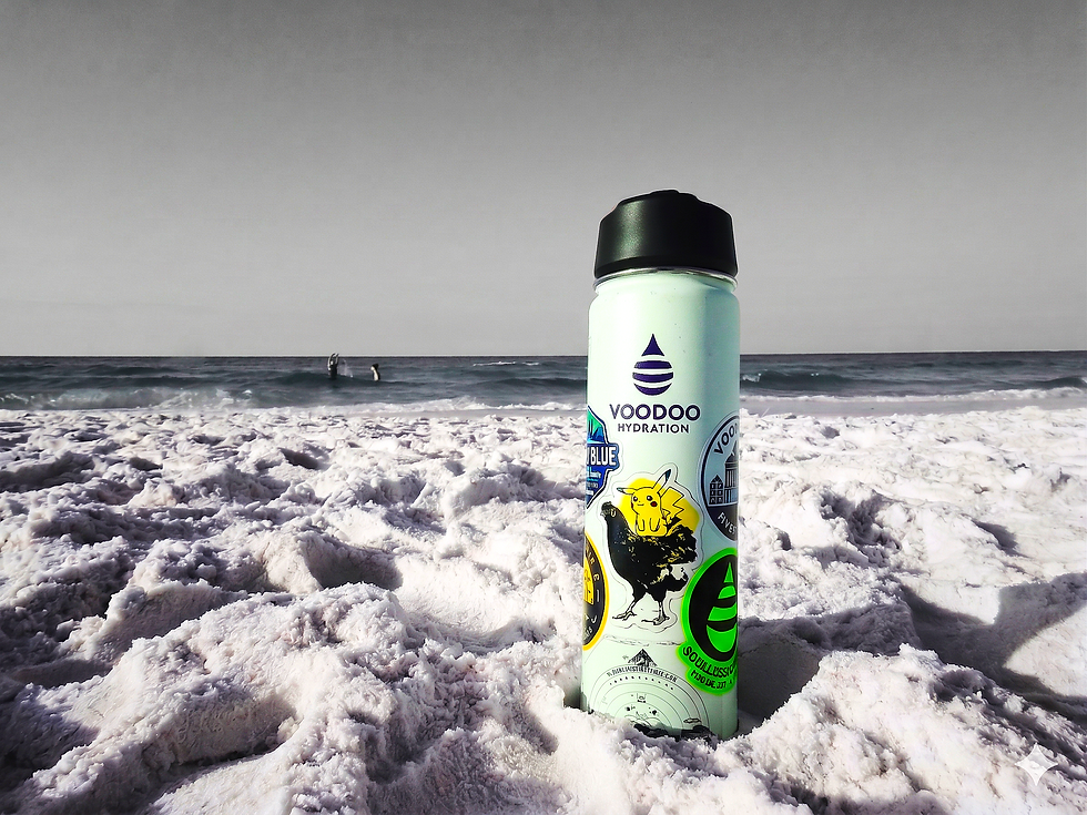 a water bottle sitting on the beach by the ocean
