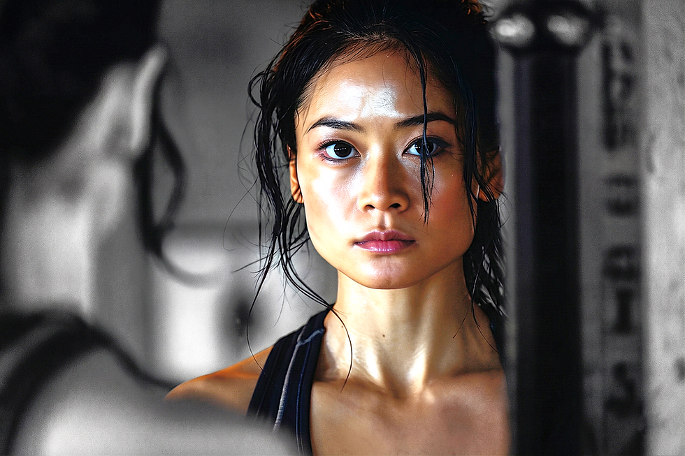 a sweaty woman looking in the mirror