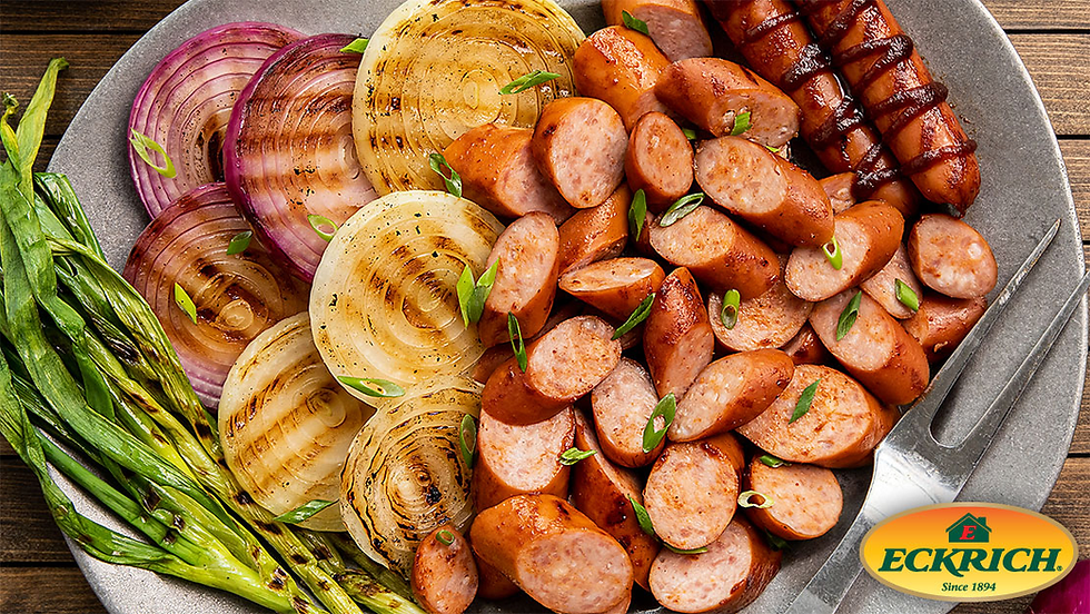 Air Fryer Eckrich Smoked Sausage cut up on a plate