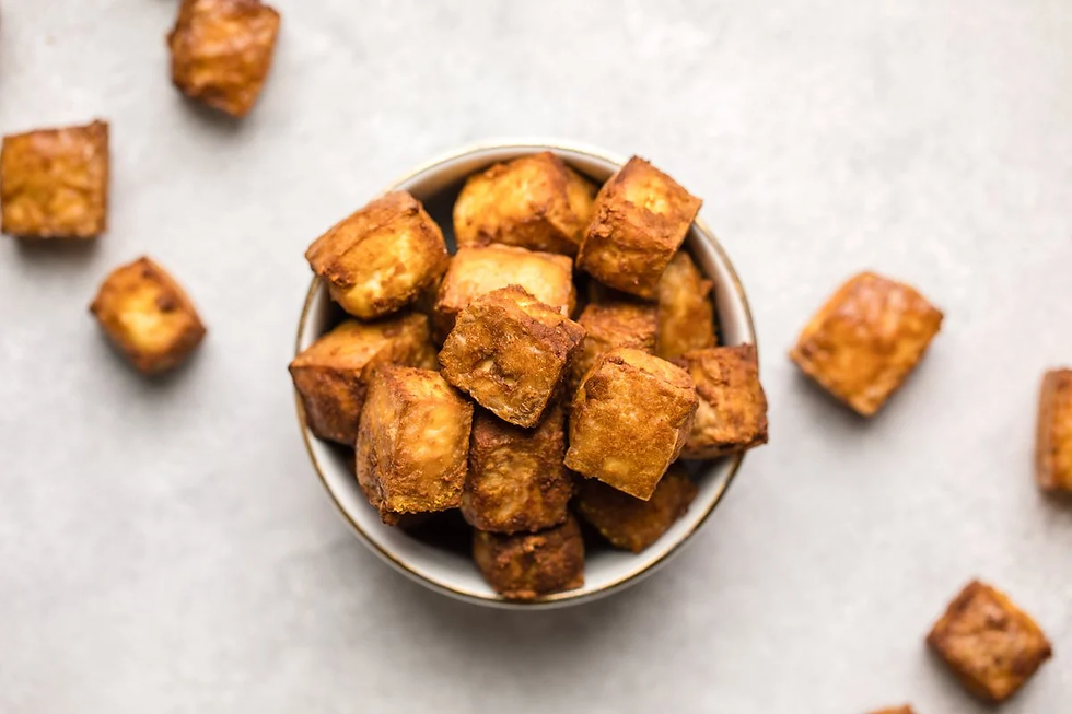 a bowl of crispy tofu from an air fryer