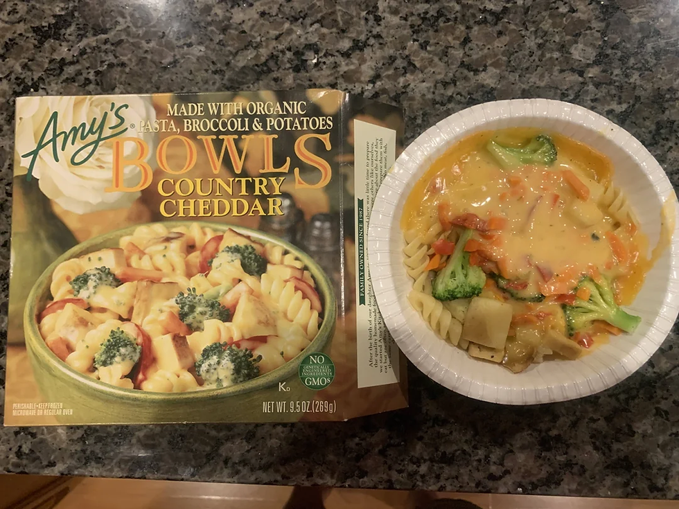 Air Fryer Amy's Country Cheddar Bowl in a bowl next to the box