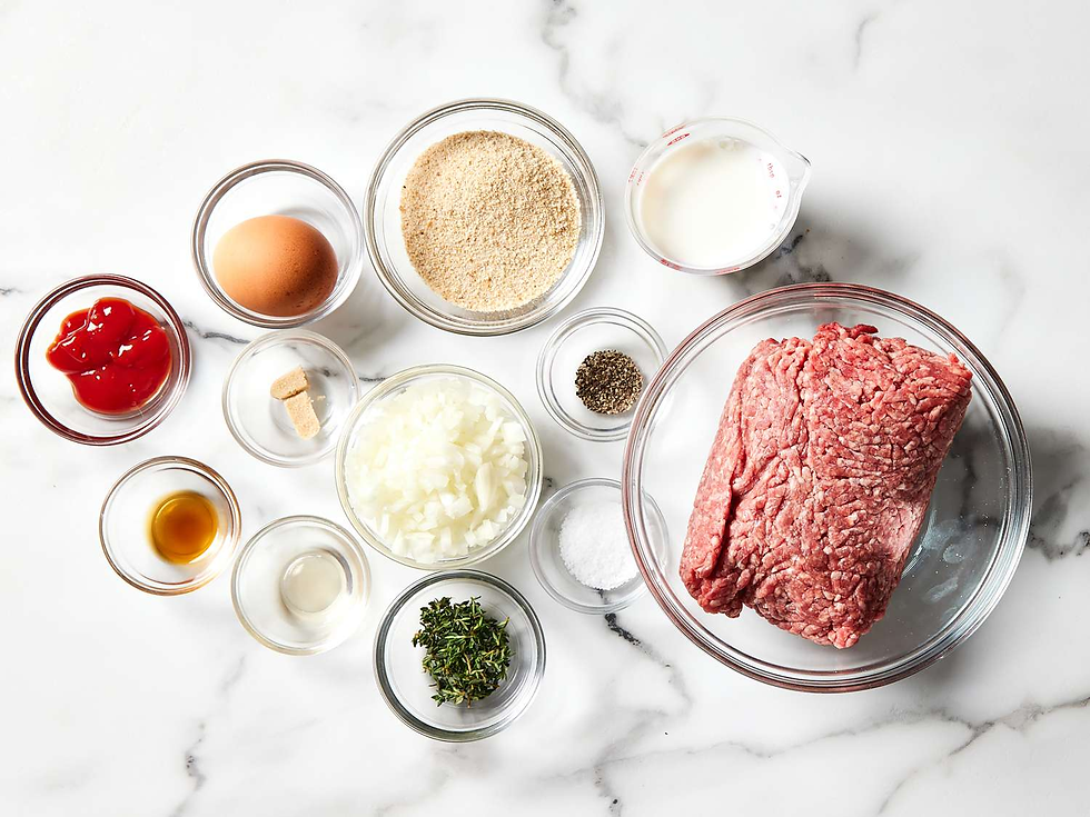 all the ingredients to make a meatloaf in bowls