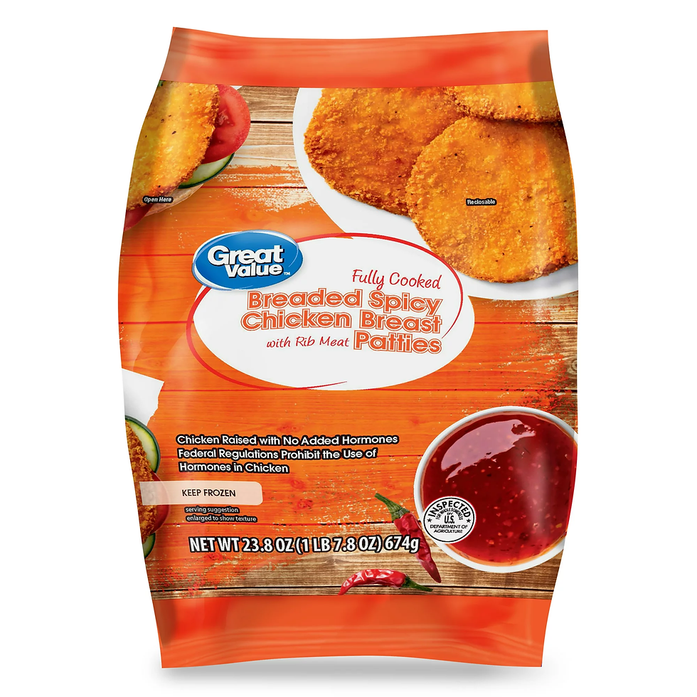 a bag of great value breaded spicy chicken breast patties