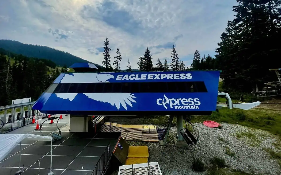 Massive Custom White Cut Decals installed on the Ski Station at Cypress Mountain in Vancou