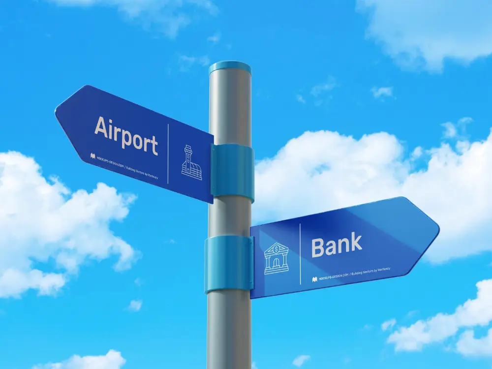 A mockup of an outdoor direction pole sign with one arrow pointing to the airport and the