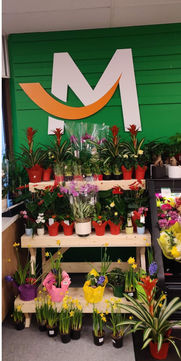 A big M dimensional letter sign surrounds by flowers and plants