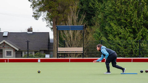 Wishbone Larson Bench with Sun Shade at the North Vancouver Lawn Bowling Club