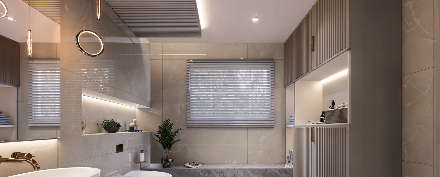 Modern bathroom interior design with a large window, a white sink, a toilet, and a bathtub