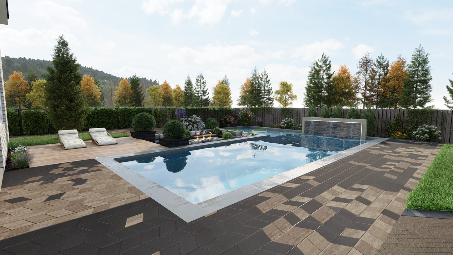 Swimming pool with patio and landscaping in a backyard