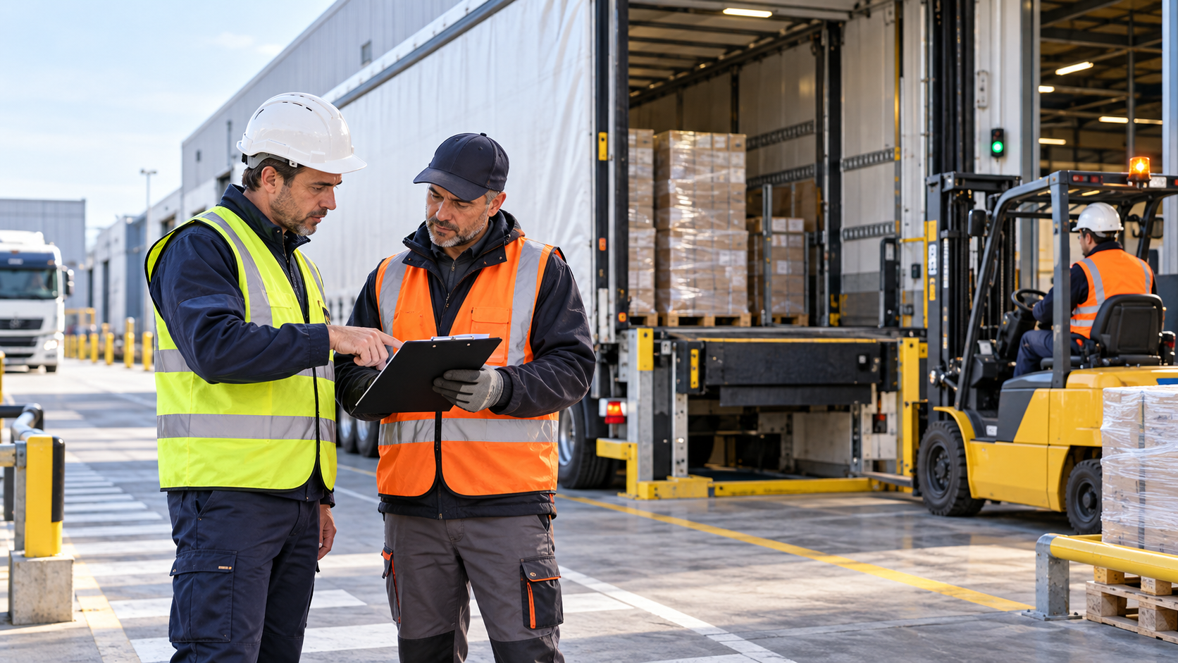 Responsable logistique et chauffeur échangeant sur le protocole de sécurité devant un quai de chargement et un chariot élévateur