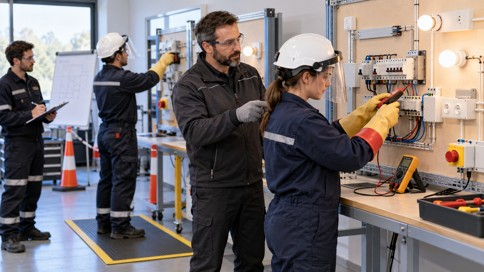 Formation BS et BE manœuvre : stagiaire équipée de protections travaillant sur un tableau électrique pédagogique avec le formateur