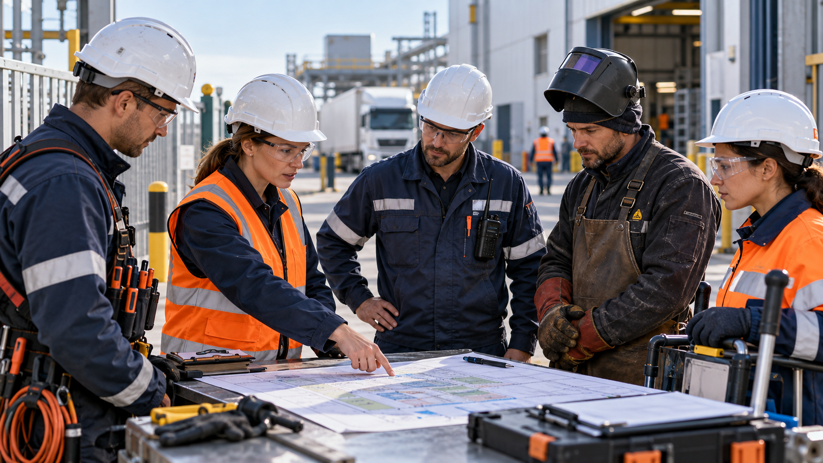 Briefing sécurité avec des entreprises extérieures et des techniciens autour d’un plan de site