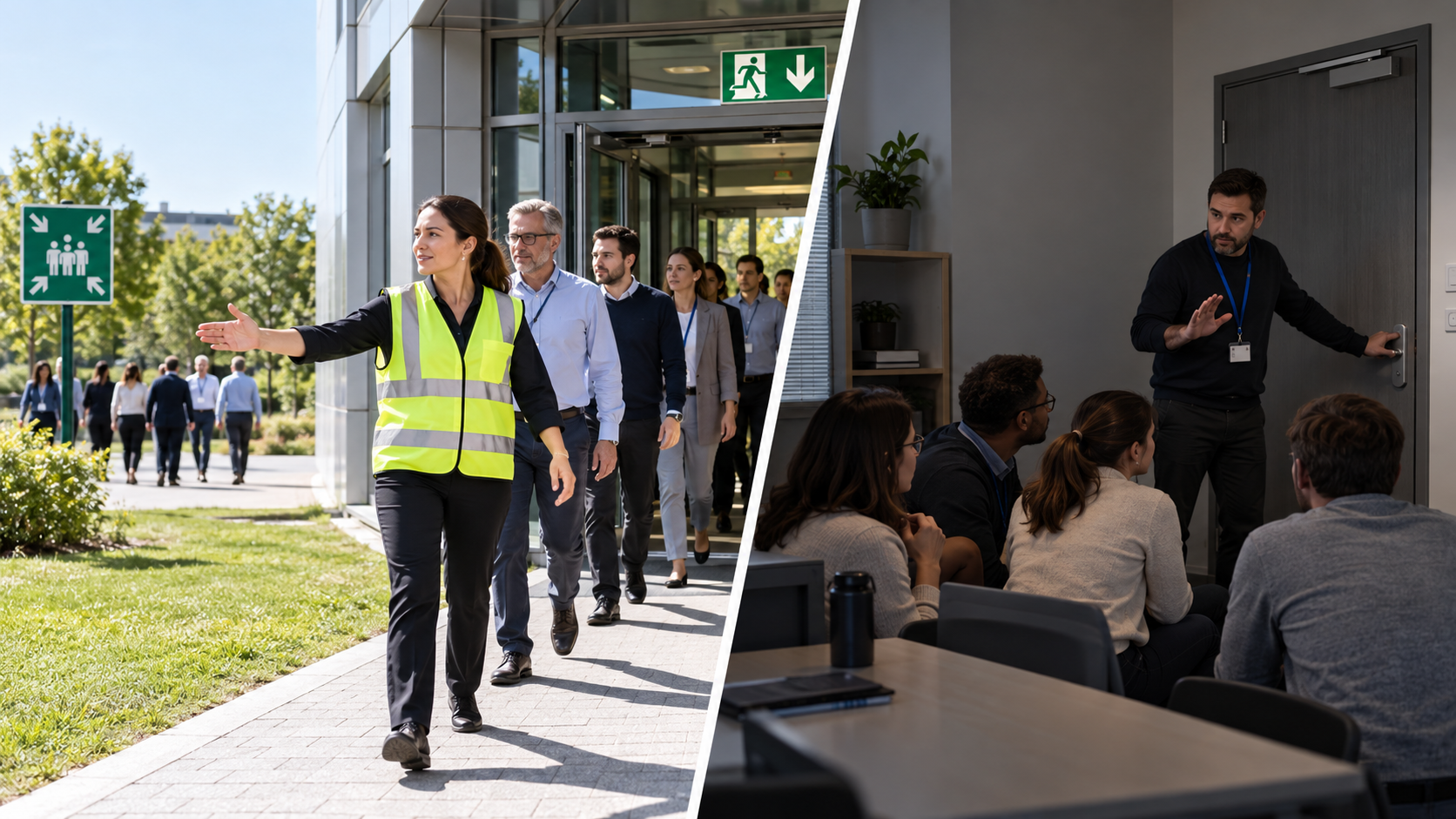 À gauche, évacuation organisée vers le point de rassemblement ; à droite, mise à l’abri de personnes dans une salle sécurisée