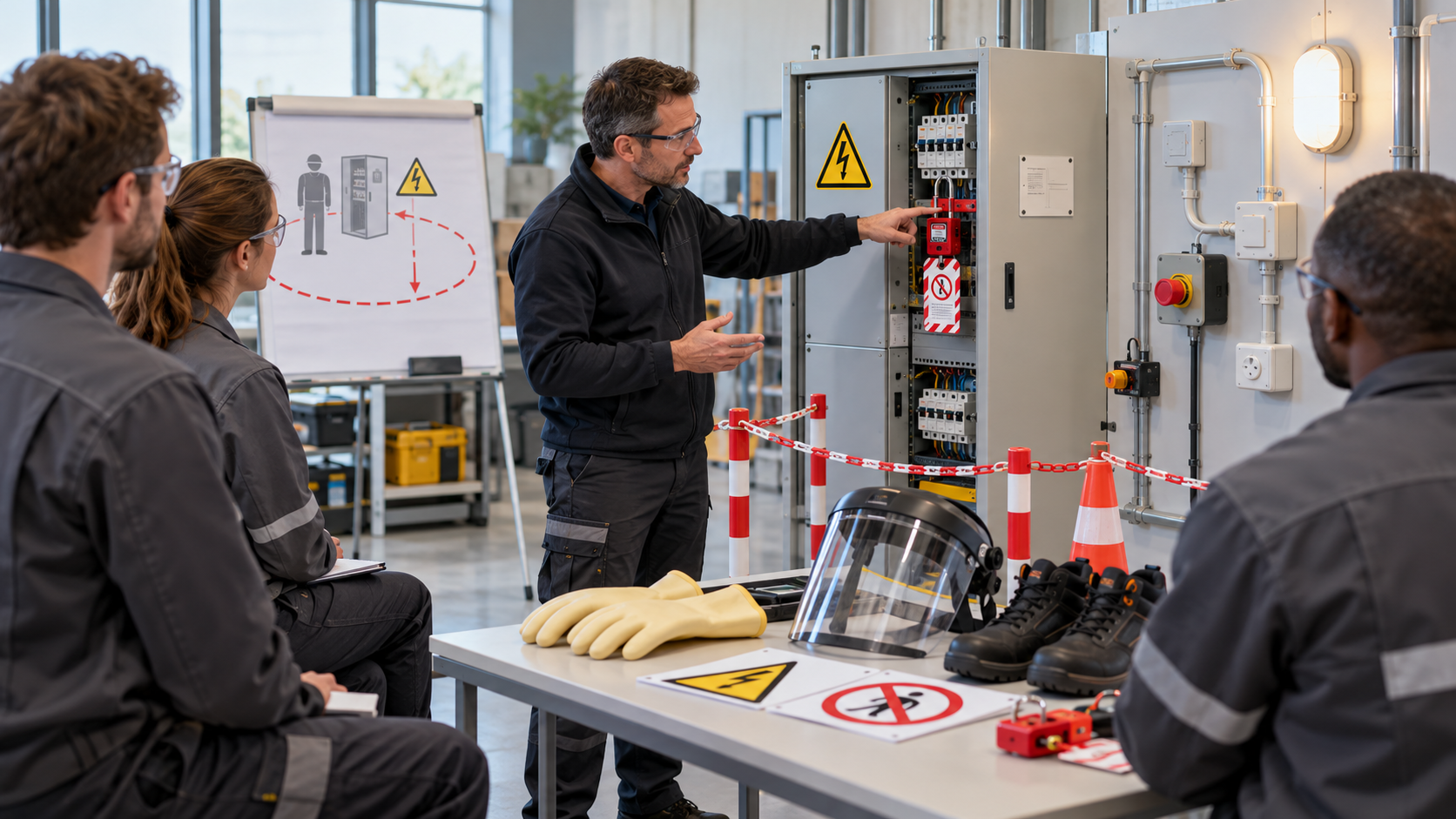 Formateur présentant à des salariés non électriciens les risques électriques, les zones d’approche et les consignes de sécurité, devant une armoire pédagogique