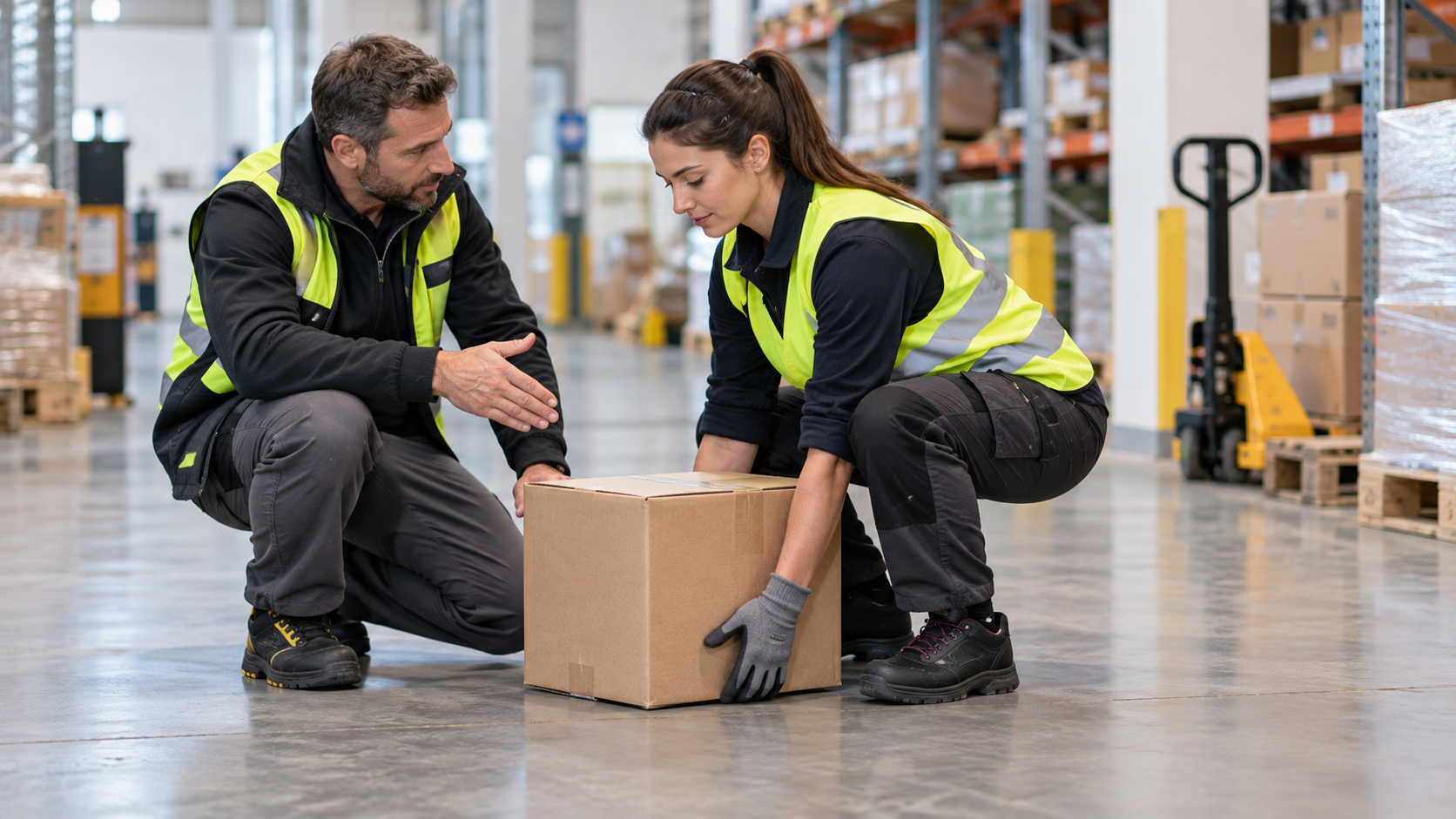 Formateur accompagnant une salariée dans l’analyse ergonomique d’une manutention de carton en entrepôt