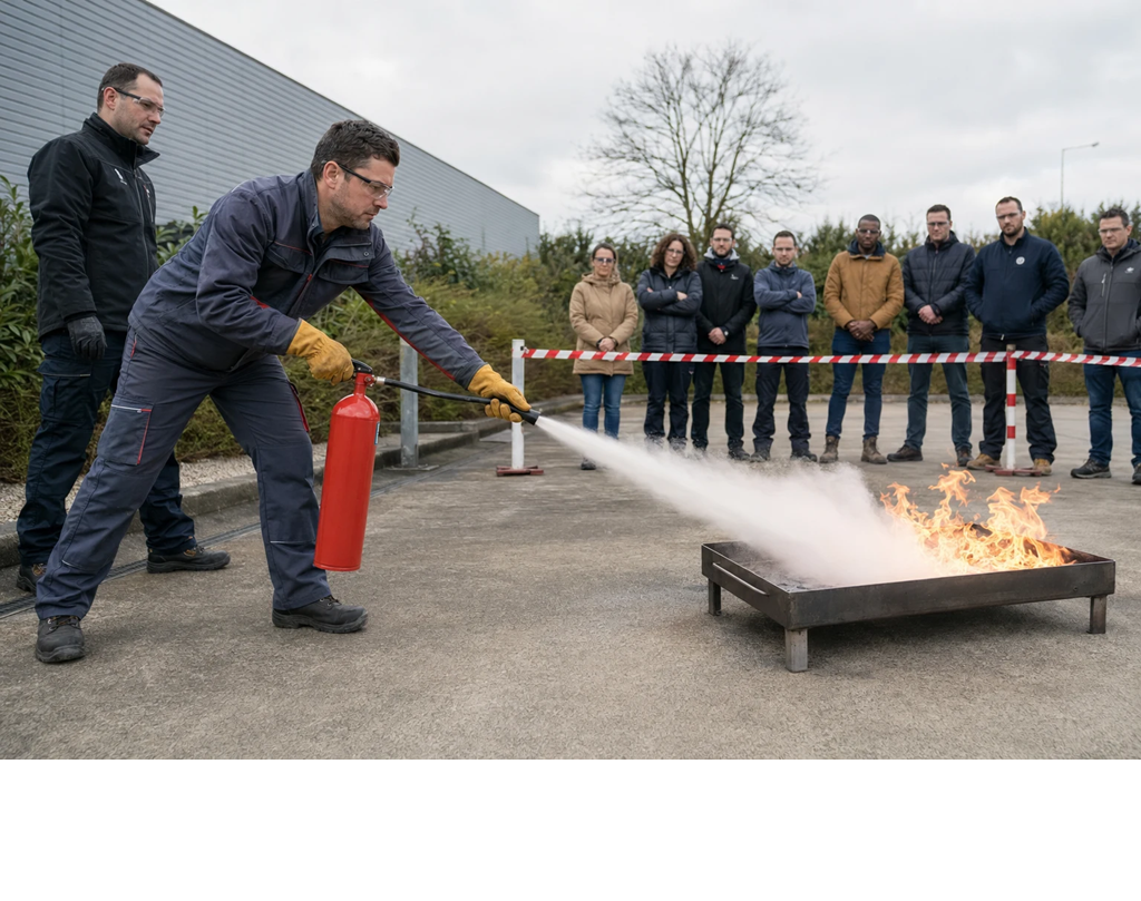 Manipulation pratique des extincteurs au cours d’une formation QSE NORD