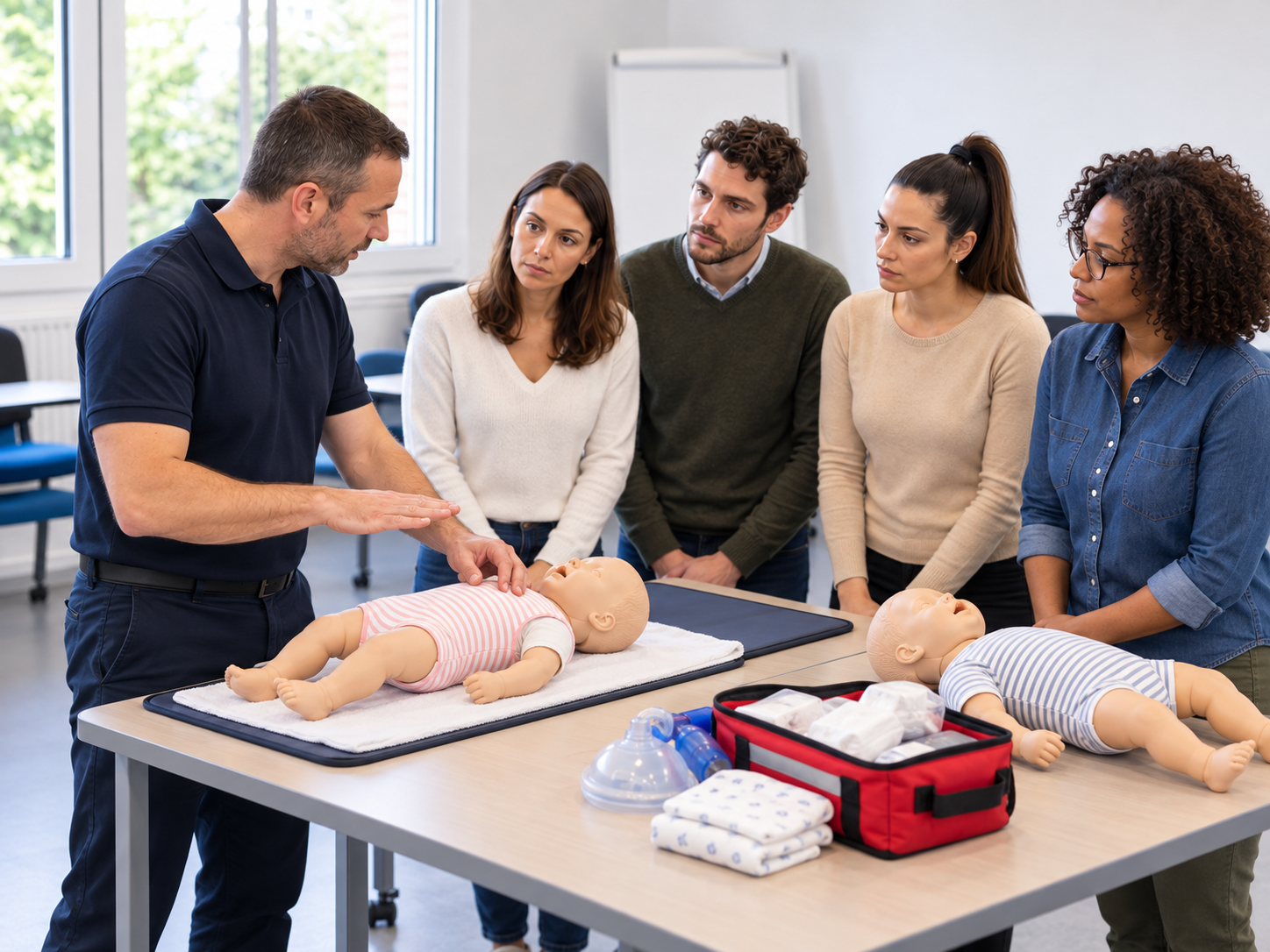 Formation aux premiers secours pédiatriques avec mannequins nourrissons sur table