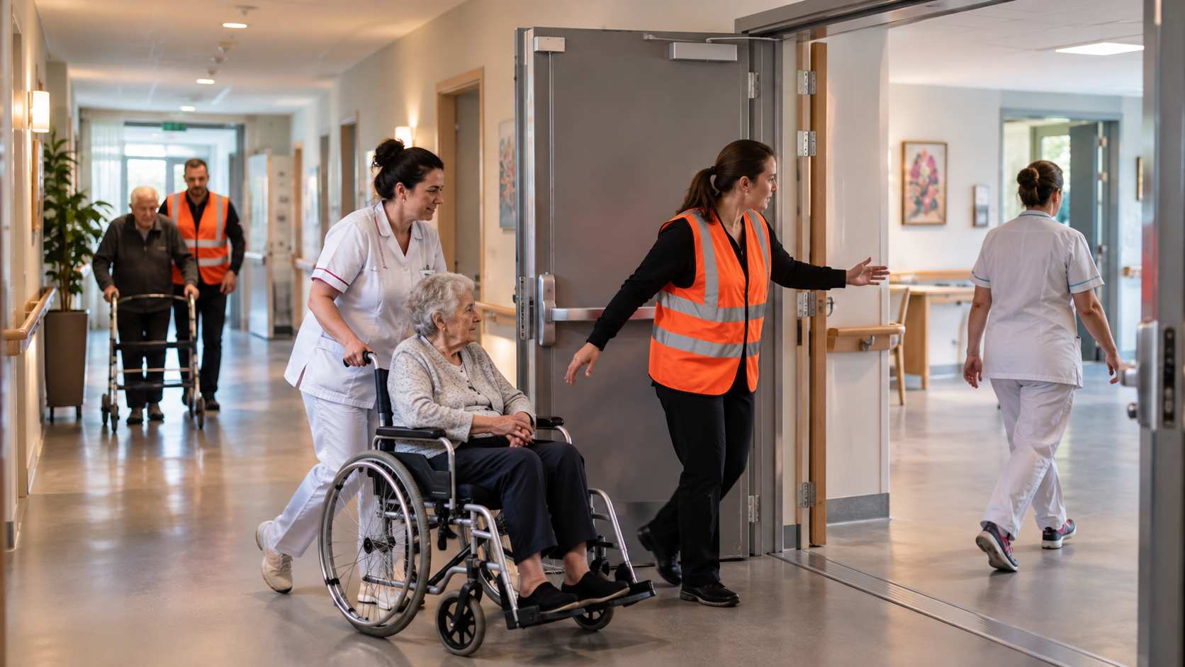 Exercice incendie en EHPAD : personnel soignant guidant une résidente en fauteuil roulant vers une zone protégée par transfert horizontal